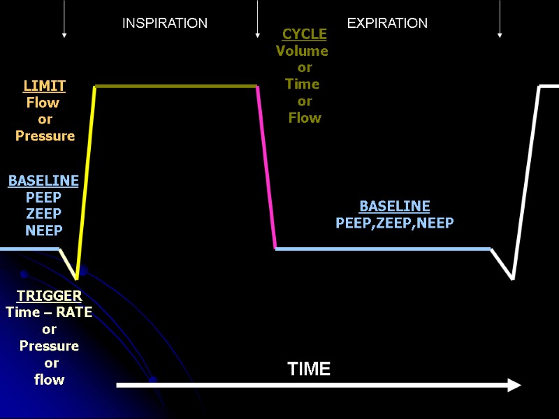 TRIGGER Time – RATE or Pressure  or flow BASELINE PEEP ZEEP NEEP CYCLE